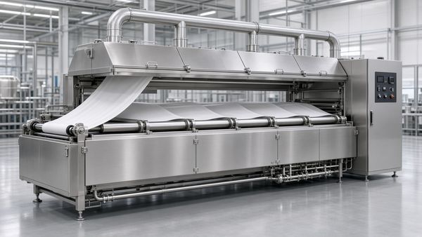 3D rendering of a stainless steel alkali reduction machine: fabric entry rollers, hinged covers, exhaust manifold and a control cabinet