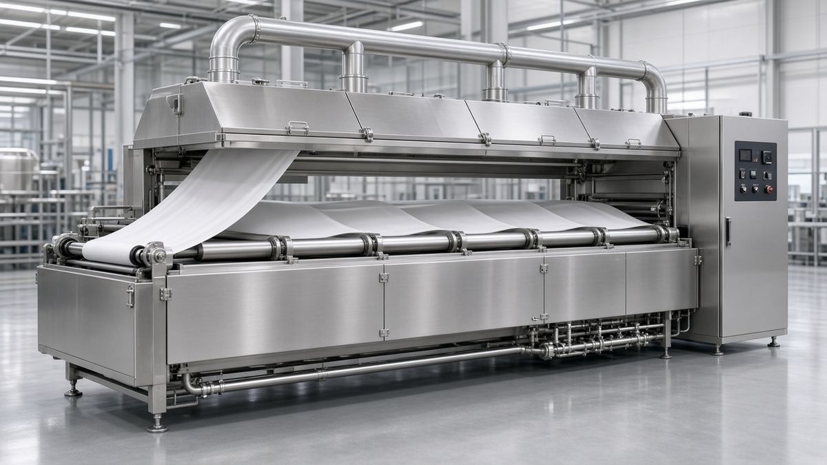 3D rendering of a stainless steel alkali reduction machine: fabric entry rollers, hinged covers, exhaust manifold and a control cabinet