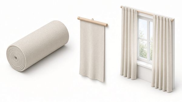 Illustration of a roll of cream curtain fabric, a hanging fabric panel and pleated curtains at a window