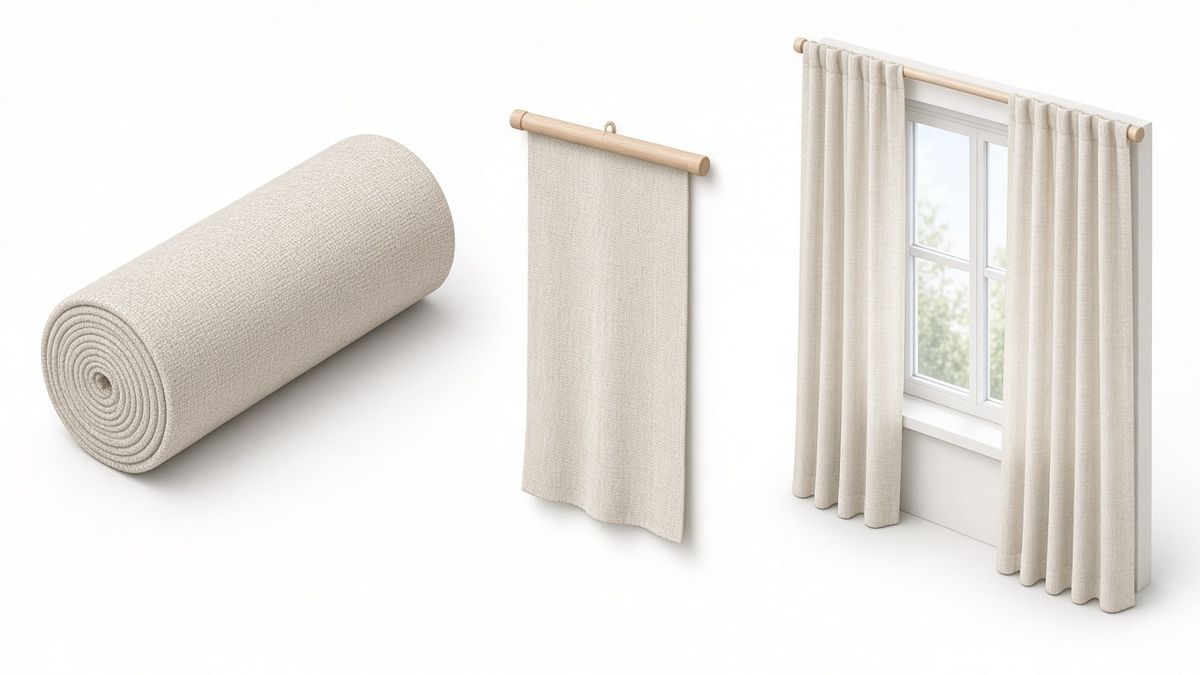 Illustration of a roll of cream curtain fabric, a hanging fabric panel and pleated curtains at a window