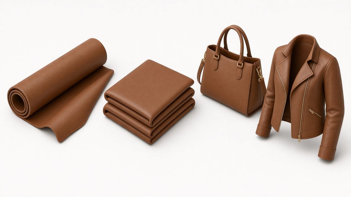 Illustration of a roll of brown faux leather, folded sheets, a handbag and a biker-style jacket