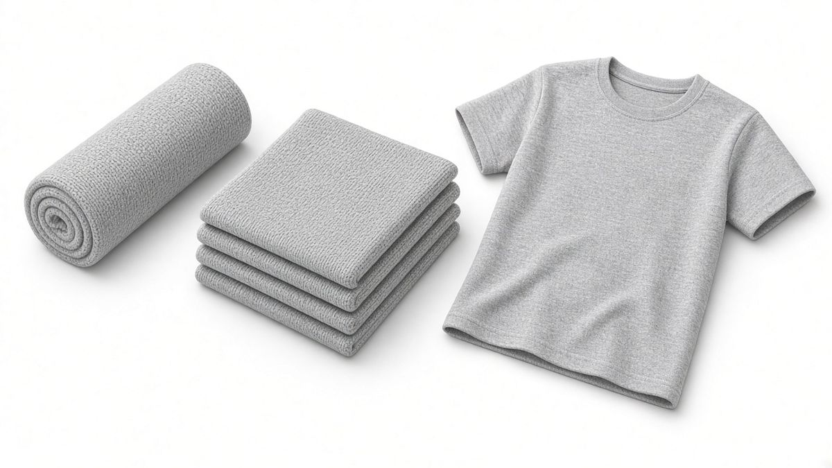 Illustration of a roll of grey jersey fabric, folded knit cloth and a finished crew-neck T-shirt
