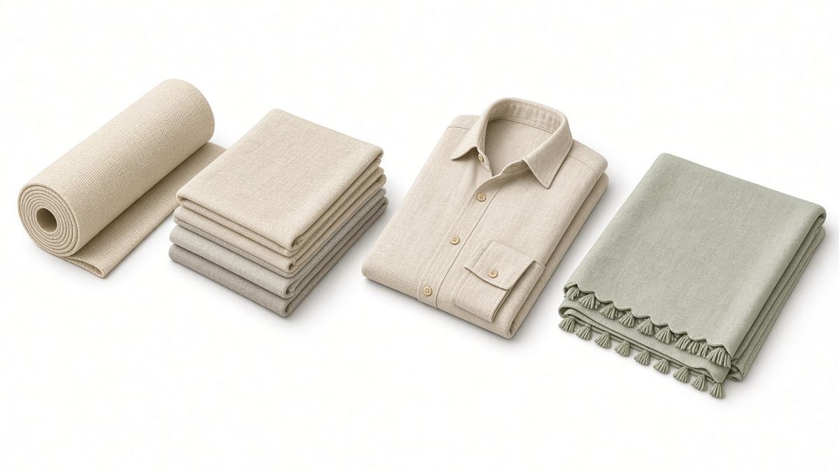Illustration of a roll of natural linen-look fabric, folded cloth, a linen-style shirt and a fringed throw
