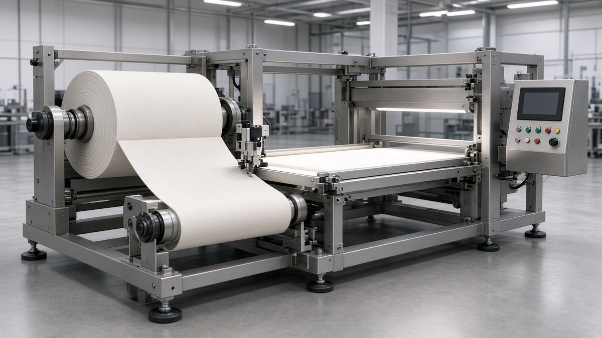 3D rendering of a cloth rolling machine: fabric roll on a spindle, an inspection table and a control panel