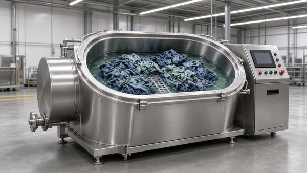 3D rendering of an industrial garment dyeing machine: open stainless steel tank loaded with garments, with a control cabinet