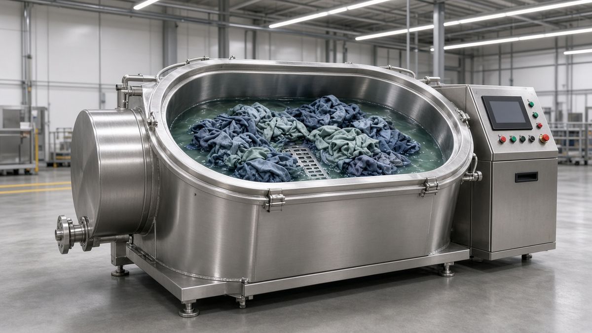 3D rendering of an industrial garment dyeing machine: open stainless steel tank loaded with garments, with a control cabinet