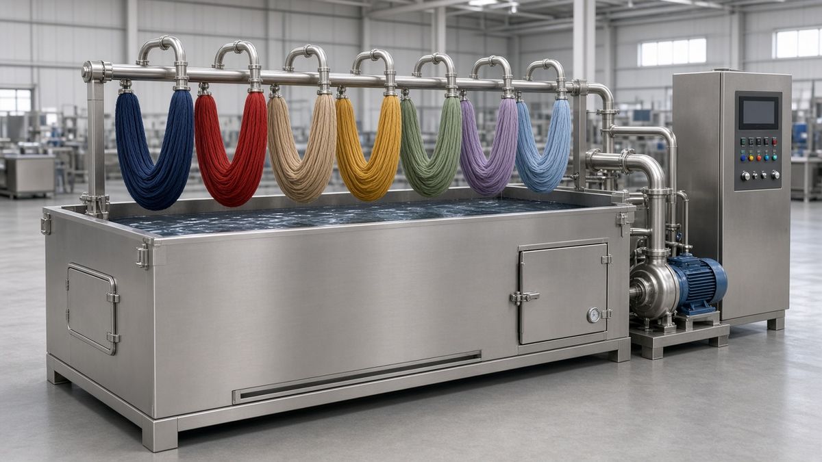 3D rendering of a hank dyeing machine: stainless steel dye tank with yarn hanks on hanger pipes, circulation pump and control cabinet