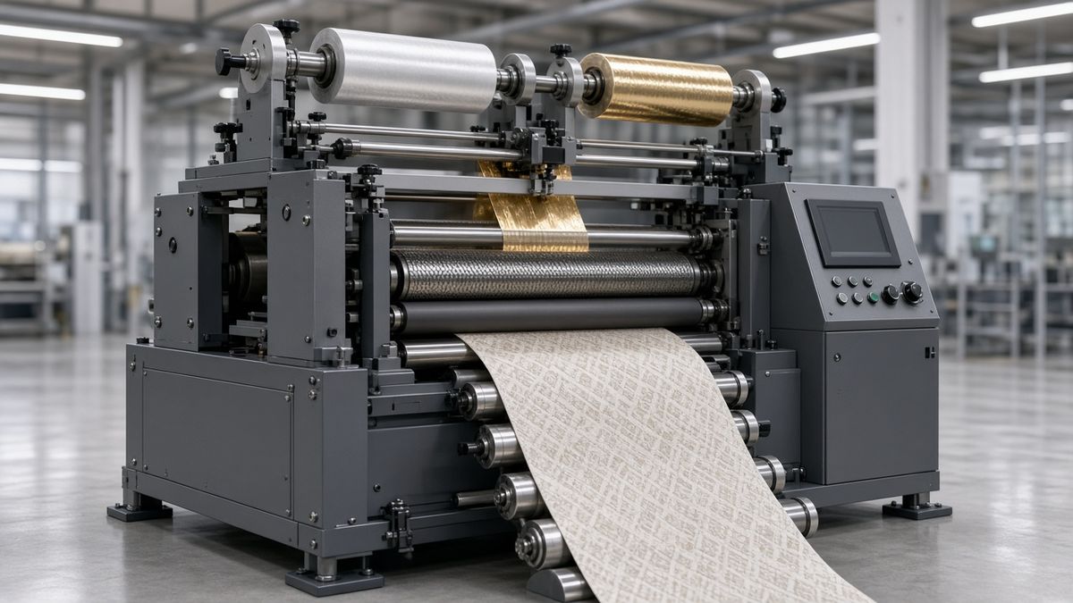 3D rendering of a fabric hot stamping machine with foil rolls, pressure rollers and a control console