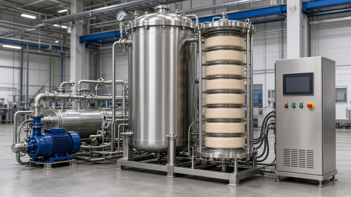 3D rendering of a package dyeing machine: vertical pressure vessel, yarn package carrier, circulation pump and control cabinet