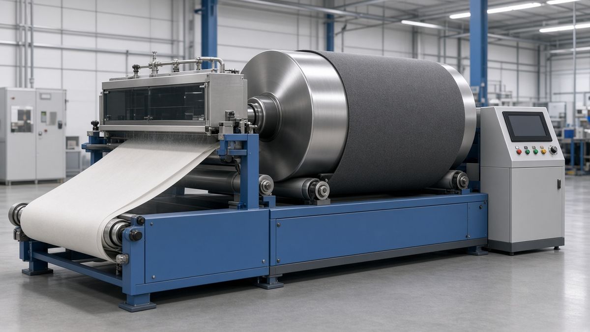 3D rendering of a pre-shrinking machine: fabric feed, large drum section on a steel frame and a control cabinet
