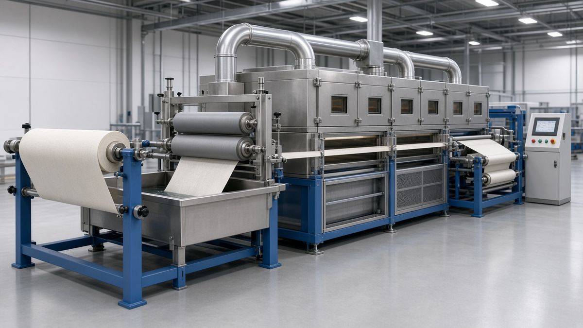 3D rendering of a fabric resin finishing line: unwinder, padding mangle, curing ovens with exhaust ducts, winder and control console