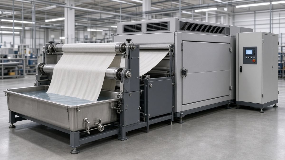 3D rendering of a padding unit for softening and starching: chemical trough, rollers, drying cabinet and control cabinet