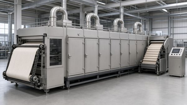3D rendering of a modular stenter line: fabric entry, enclosed heating chambers with exhaust ducts and an operator console